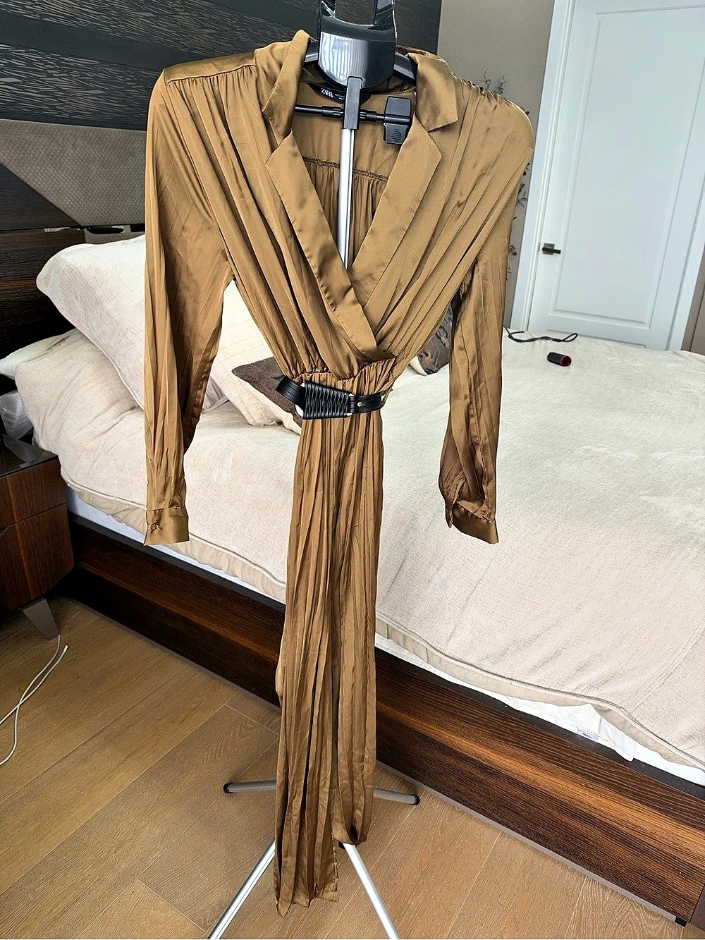 Zara Olive Green Satin Pleated Jumpsuit S